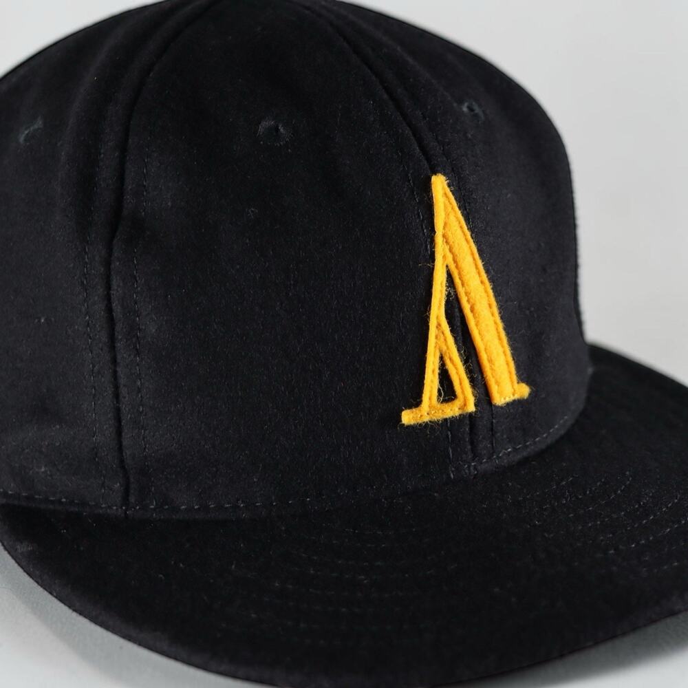 Ebbets Black Wool Baseball Cap Leather Strap Made USA‎ Adjustable Hat